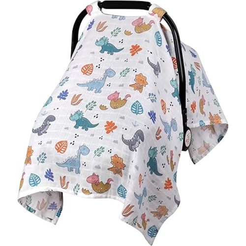 Rquite Car Seat Cover Baby,Muslin Carseat Covers Baby Boys Girls, Soft Breathable Infant Carseat Canopy Summer, Lightweight Baby Carrier Cover, Fit Summer Hot Days/Warm Weather(Colorful Dinosaurs)