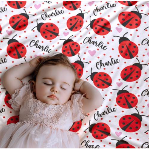 Ladybug Baby Girl Name Blanket - Custom Nursery Decor - Minky Sherpa - Baby Shower Gift - Animal Nursery