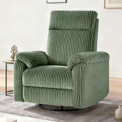Swivel Rocker Recliner for Adults, Corduroy 360 Degree Swivel Glider Recliner Manual 3-Position Adjustable Easy Assembly for Small Space Living Room Nursery Bedroom