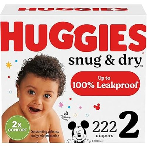 Huggies Size 2 Diapers, Snug & Dry Baby Diapers, Size 2 (12-18 lbs), 222 Count (3 Packs of 74), Packaging May Vary