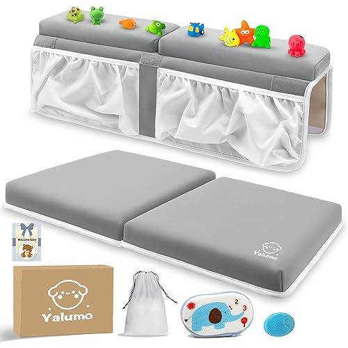 Bath Kneeler and Elbow Rest Pad Set for Baby Bathtub, Thick Non-Slip Bathing Kneeling Mat Cushion Quick Drying Bathtub Knee Saver with Arm Support and Pockets for Bathroom Bathing time Comfort, Gray