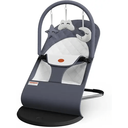 Portable Baby Bouncer Seat for Infants, 0-18 Months, 3 Modes of Use with Rocker & Stationary Options, Ergonomic Infant Chair with Hanging Toys, Baby Shower Gifts – Grey