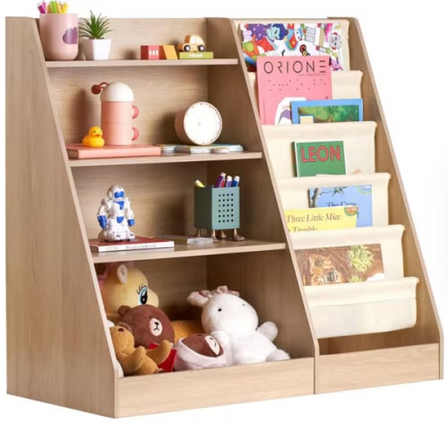 SKYSHALO 4-Tier Kids Wooden Bookshelf, Brown 6-Layer Sling Bookcase, Kid Storage Book Rack, Toy Organizer Cabinet, for Kids ETCWSJ914714WFZI1V0-SK0211