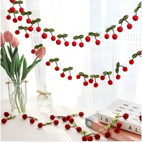 Colorful Cherry Garland Decoration (3string X 6.6ft) - DIY Pom Pom Fruit Cherry Hanging for Kids Bedroom Kitchen Decoration Baby Shower Party Favor
