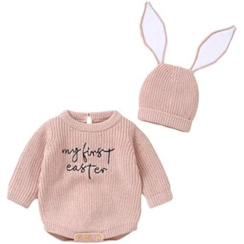 My First Easter Newborn Baby Girl Boy Outfit Long Sleeve Knit Romper Onesie with Bunny Hat Infant Clothes