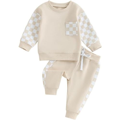 Toddler Baby Boy Fall Outfit Checkerboard Patchwork Long Sleeve Sweatshirts Elastic Waist Pants Cute Newborn Clothes Set