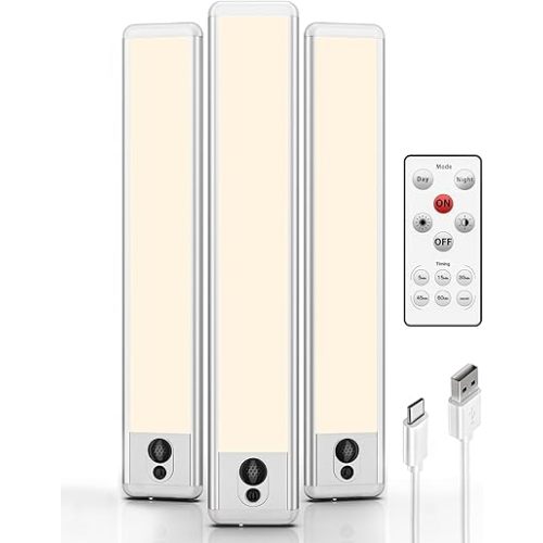 EZVALO Under Cabinet Lights, LED Closet Lights Wireless USB Charging, Motion Sensor Lighting Indoor 3500K Dimmable with Remote Control (Warm) 3 Pack