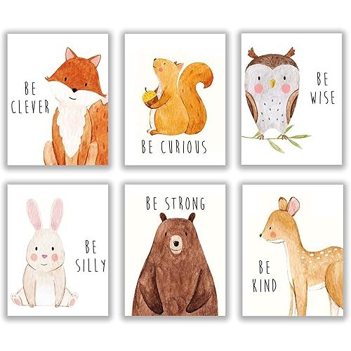 Set of 6 Baby Animal Nursery Wall Art Prints - Cute & Inspirational Decor for Baby Girls & Boys, Kids Room, Playroom, Nursery - Unframed 8x10 Inch Posters - Woodland Animal Nursery Decor