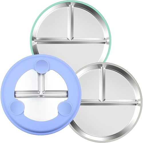 3-Pack Stainless Steel Baby Plates with Suction, BPA-Free Stainless Steel Kids Plates, 9” Divided Toddler Plate for Dishwasher Safe, Non-Slip Silicone Base, Detachable Design (Blue, Gray, Green)