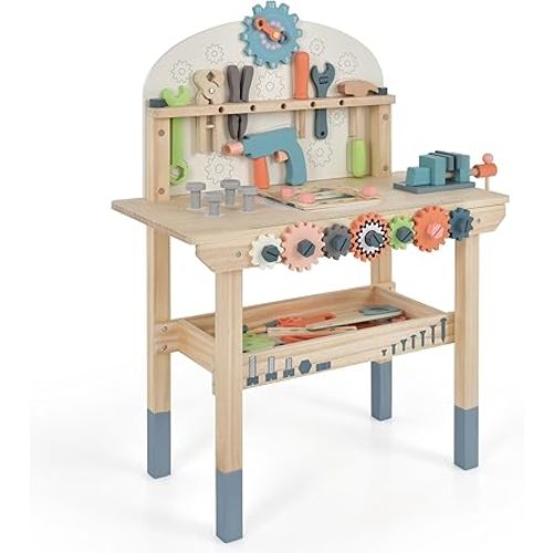 Costzon Kids Tool Bench, Wooden Pretend Workbench w/ 63 Toy Tools and Accessories, Realistic Role Play Construction Building Tool Set, Indoor Outdoor Power Tool Workshop for Boys Girls 3+