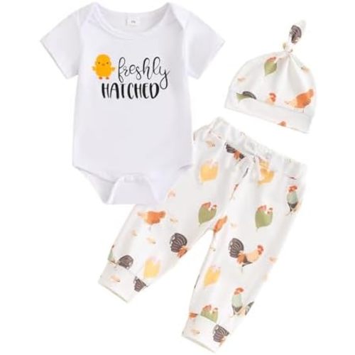 Newborn Baby Boy Girl Farm Clothes Freshly Hatched Romper Chicken Long Pants Set Hat 3Pcs Neutral Coming Home Outfit