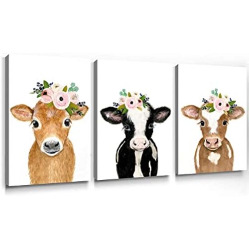 Cute Cow Canvas Wall Art Baby Animal Picture for Nursery Farm Animal Wall Decor Cow with Flowers Poster Baby Cow Cattle Painting with Flower Crown Artwork Brown Cow Wall Art 16x24inchx3pcs No Frame…