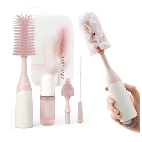Momcozy Bottle Brush Kit, Innovative Push-Press Design for Better Cleaning - Baby Bottle Cleaner Brush for Baby Bottle, Breast Pumps, Nipples, and More - Can Generate Foam for Better Cleaning, Pink