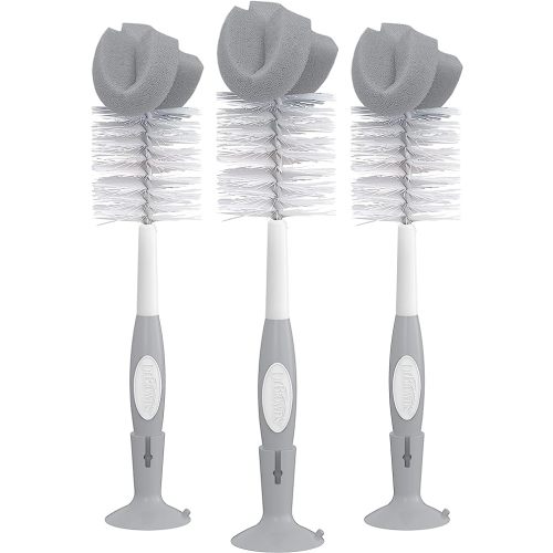 Dr. Brown's Reusable Sponge Baby Bottle Cleaning Brush Set with Suction Cup Stand, Scrubber and Nipple Cleaner, Gray, 3 Pack - 3-pack, Gray Bottle Brush