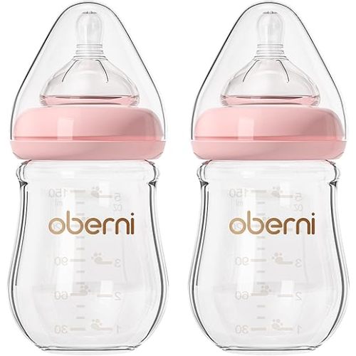 Glass Baby Bottles,Anti Colic Breastfeeding Bottle with Natural Response Nipple Size S,Wide Neck Slow Flow Baby Bottle for Baby,Newborn,Preemie 0-3 0-6 Month,BPA Free (Pink, 2 Pack, 5 Ounce)