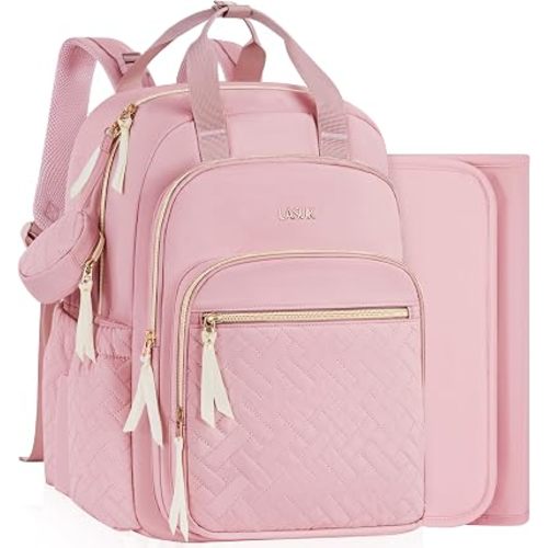 Diaper Bag Backpack, 27L Large Quilted Small Baby Bag with Changing Pad & Pacifier Case, Stroller Hooks, Easy-Access Baby Essential, Maternity Travel Backpack Unisex, Pink