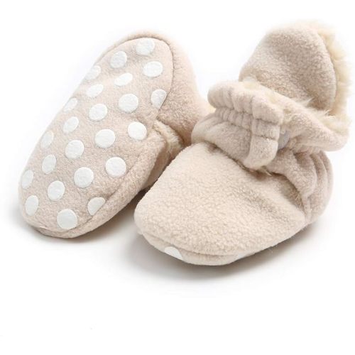 GDSDYM Baby Booties Cozy Fleece Slippers Soft Baby Shoes With Gripper Soles, Winter Warm Infant Newborn Crib Sock Shoes First Walkers - 6-12 Months Infant - C02 Beige