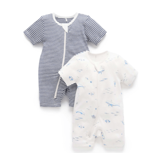 2 Pack Short Zip Romper Vanilla Nautical Pack - Purebaby Rompers | Maisonette