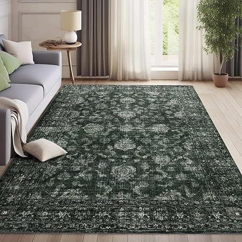 FROZZUR Boho Green Area Rug 5x7 Large Vintage Rug for Living Room Bedroom Dining Table, Non Slip Distressed Washable Rugs for Home Office Decor Green