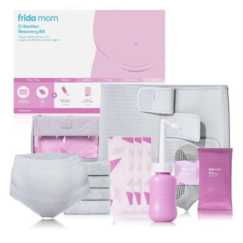 Frida Mom C-Section Recovery Must Have Kit for Labor, Delivery, & Postpartum, Socks, Peri Bottle, Disposable Underwear, Abdominal Support Binder, Shower Wipes, Silicone Scar Patches, & Toiletry Bag