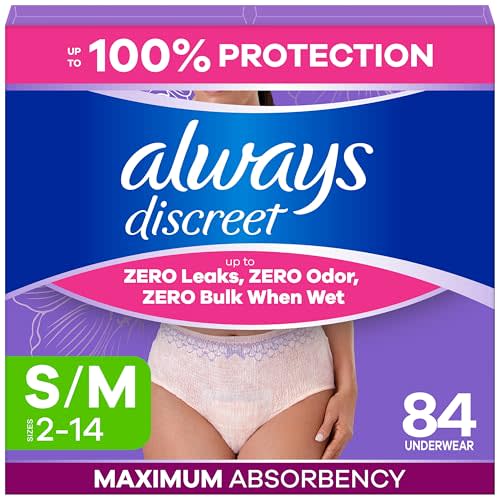 Always Discreet Adult Diapers for Women, Incontinence Underwear, Postpartum Essentials, Disposable Briefs, Max Absorbency, Bladder Leak Protection, Small/Medium, 84ct