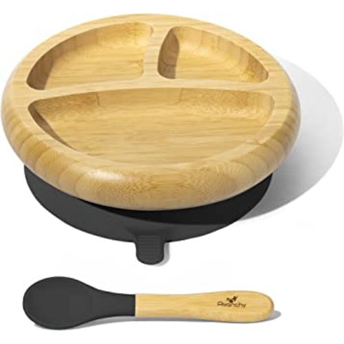 Avanchy Bamboo Baby Plate - Silicone Suction - Suction Plates and Bowls for Toddlers - 9 Months and Older - 7" x 2" Black