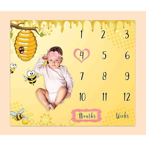Baby Age Milestone Blanket, Bee Honeycomb Blanket for Nursery, Baby 1-12 Months Growth Chart, Includes 4 Frame and 1 Headband 47"x40" BTQQPH33