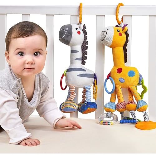 TUMAMA Baby Hanging Toys, 16 inch Plush Animals Baby Rattle Crinkle Squeaky Toys Car Seat Stroller Toys, Baby Toys for 0 3 6 9 12 Months, Sensory Learning Toys Gift for Newborn Infant, 2 Pack