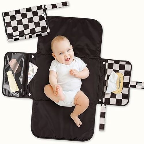 Tiny Twinkle Portable Diaper Changing Pad | Waterproof, Wipeable & Compact Baby Changing Pad for Travel | Smart Wipes Pocket & Organized Storage| Newborn Shower Gift (Black Checkers)
