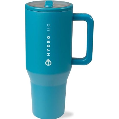 HydroJug Traveler - 40 oz Water Bottle with Handle & Flip Straw - Fits in Cup Holder, Leak Resistant Tumbler-Reusable Insulated Stainless Steel & Rubber Base - Gifts for Women & Men, Glacier