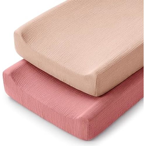 Comfy Cubs Muslin Fitted Changing Pad Cover Pack of 2, Dusty Rose and Blush - Soft, Breathable & Washable 100% Cotton Fitted Sheet for Baby's Comfort - Universal Fit for Flat & Curved Baby Changer Pad
