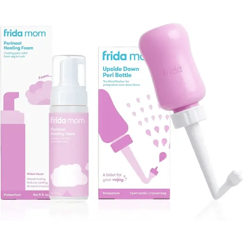 Frida Mom Upside Down Peri Bottle + Perineal Medicated Witch Hazel Healing Foam for Postpartum Care, Perineal Recovery and Cleansing After Birth
