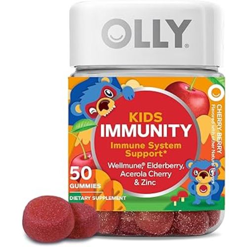 OLLY Kids Immunity Gummy, Immune Support, Wellmune, Elderberry, Vitamin C, Zinc, Chewable Supplement, Cherry - 50 Count