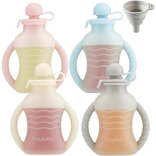 PandaEar 4 Pack Reusable Baby Food Pouches with Double Handles, Silicone Portable Pouches for Toddlers, Refillable 4oz Food Storage Bags for Puree, Yogurt, Smoothies - Includes Collapsible Funnel