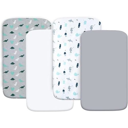 Crib Sheets for Boys or Girls 4 Pack, Baby Crib Sheets 52'' x 28'' for Standard Crib & Toddler Mattress, Soft and Breathable Material, Baby Crib Sheets Neutral, Grey Dinosaurs & Ocean