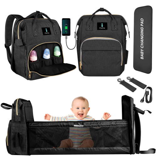 ITACIA Baby Diaper Bag Backpack With Changing Station Waterproof Baby Bag, Black