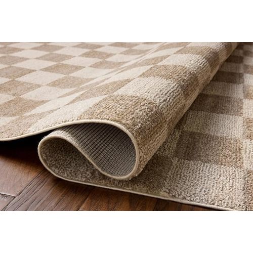 Loloi Chris Loves Julia Calvin Collection CLV-01 Pebble/Ivory 7'-10" x 10' Area Rug Checkered Neutral Soft Living Room Bedroom Carpet