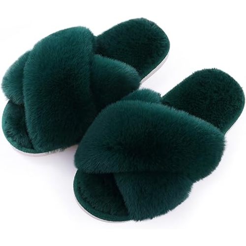 Evshine Women's Fuzzy Slippers Cross Band Memory Foam House Slippers Open Toe