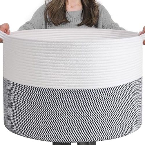 INDRESSME XXXLarge Cotton Rope Basket 21.7" x 21.7" x 13.8" Woven Baby Laundry Baskets Blanket Basket Toy Baskets with Handle Storage Comforter Cushions Navy Laundry Hamper