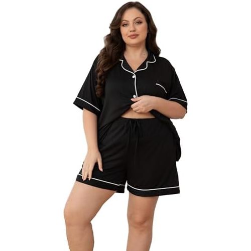 Women Plus Size Pajamas Button Down Short Sleeve Top & Shorts Lounge Sets Outfit Summer Soft Pj Bride Sleepwear