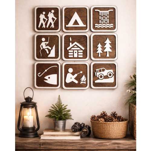 National Park Icon Signs, Camping Wall Decor, Outdoor Hiking Adventure Icons, Laser Cut Wood Recreation Symbols, Cabin Wall Art