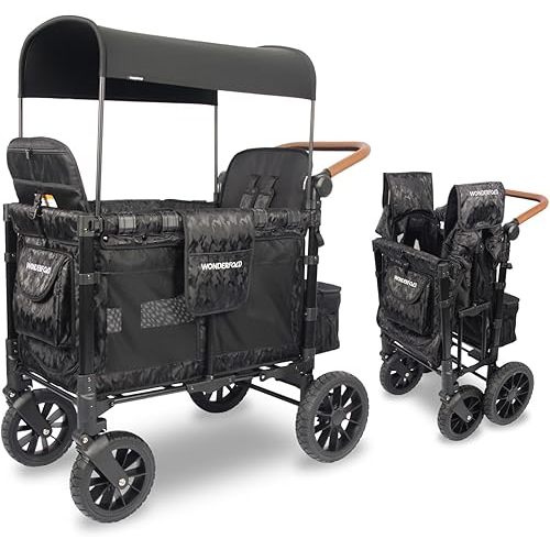 WONDERFOLD W2 Luxe Stroller Wagon (2 Seater) - Collapsible Wagon Stroller with Seats with Magnetic Buckle 5-Point Harnesses and Adjustable Sun Canopy, Elite Black Camo