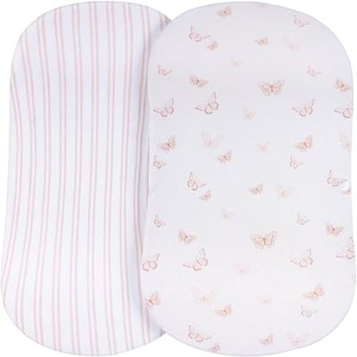 Ely's & Co. Fitted Bassinet Sheet 100% Jersey Cotton 2 Pack for Baby Girl - Pink Butterflies + Stripes