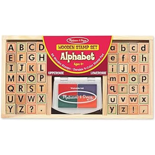 Melissa & Doug Wooden Alphabet Stamp Set - 56 Stamps With Lower-Case and Capital Letters - Preschool Writing Toys, ABC Stamps, Kids Arts & Crafts, Letter Stamps For Kids Ages 4+