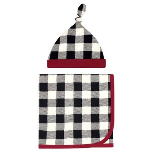 Touched by Nature Baby Boy Organic Cotton Swaddle Blanket and Headband or Cap, Black Plaid, One Size