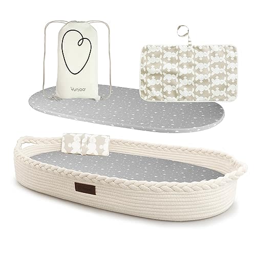 Yunioo XL Reinforced Baby Changing Basket with Extra Travel Diaper pad, Foldable Baby Changing Pad with Water Repellent Cover, Cotton Rope Baby Basket, Changing Table Topper for Dresser (White)