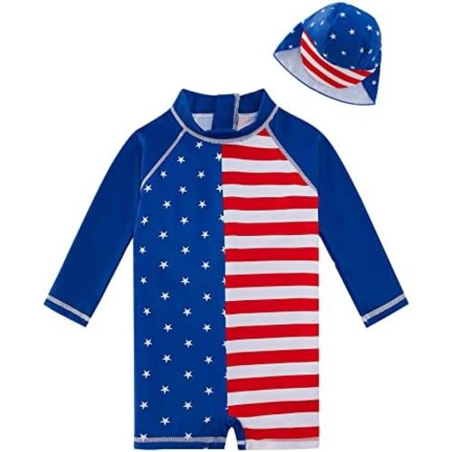 uideazone Baby Boys One Piece Swimsuit Long Sleeve UPF 50+ Rash Guard Bathing Suit Swimwear with Sun Hat 0-24 Months