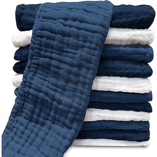 Muslin Burp Cloths for Baby 100% Cotton Burping Cloths for Unisex, Boy, Girl - Large 20'' by 10'' Newborn Essentials Ultra Soft Absorbent Milk Spit Up Rags - 12 Pack - White+Deep Navy Series
