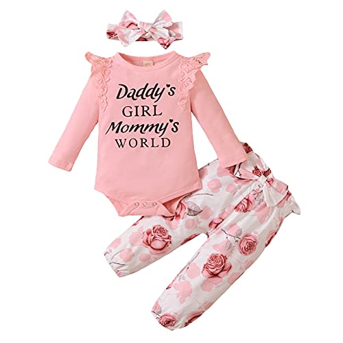 puseky Newborn Infant Wear Baby Girl Clothes Long Sleeve Lace Ruffle Romper Floral Bow Pants Headband Baby Outfits