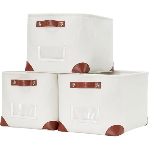 DECOMOMO White Storage Bins Fabric Storage Baskets for Shelves & Linen Closet Organization (Creamy White W/Label holder, Large - 3 Pack)